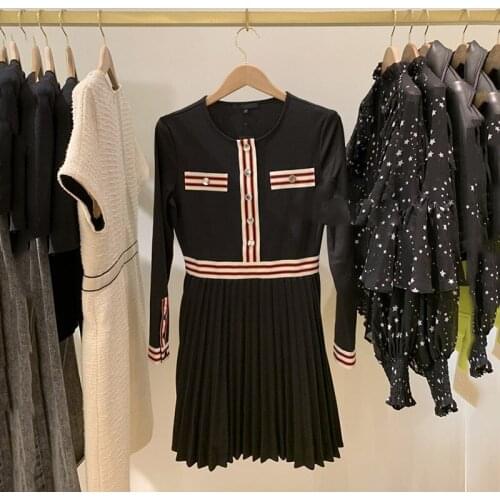 Patads single style small fragrance dress long sleeve round neck button pleated autumn and winter womens dress ro00582