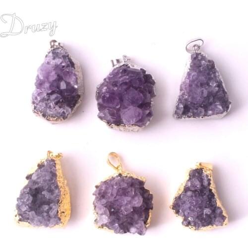 12pcs Druzy Healing Real Amethysts Necklace Natural Stone Pendulum Pendant Jewelry Necklaces Women Sweater Chain Jewelry Gift