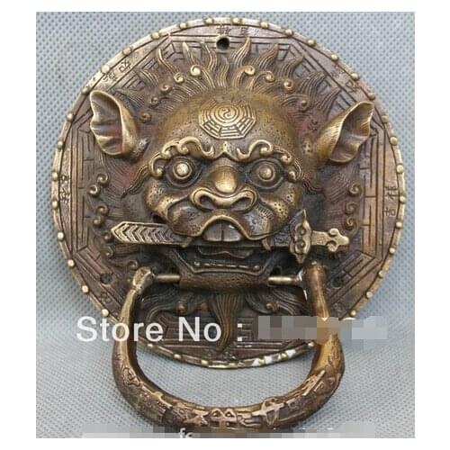 Free shipping Chinese Fengshui Door Copper Bronze Lion Foo Dog Mask Head Sword Statue knocker