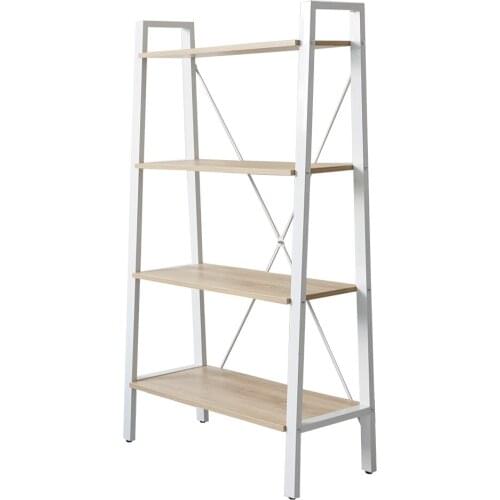4-Tier Book Shelf, Modern Metal and Wood Wide Open Storage Shelves, Stand Bookcase for Home, Office, White