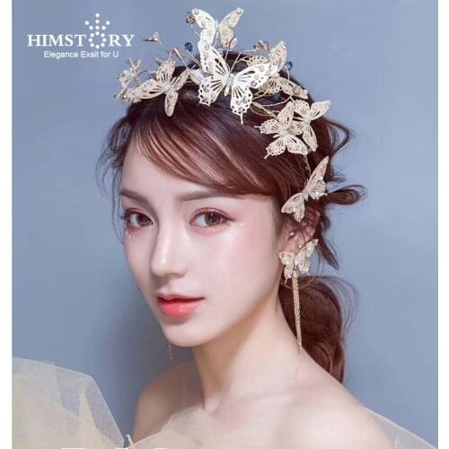 HIMSTORY European Gold Flying Butterfly Wedding Hair Tiaras Handmade Crystal Brides Hairbands Tiara Crown Wedding Headbands