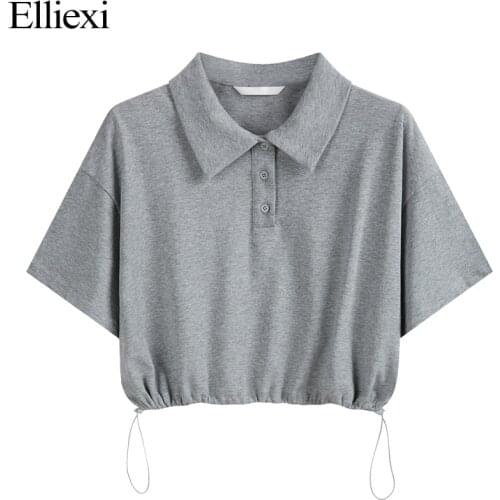Elliexi Harajuku Polo T Shirt Women Drawstring Lapel Chic Solid Pullovers T-Shirt Female Summer Casual Knit Button Top Clothes