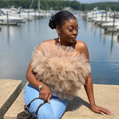 Khaki Off Shoulder Tulle Tiered Tops Women Cheap Shirt Short Blouse Women Top Chic Custom Made