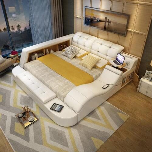 Hot sales Genuine leather bed frame Soft Beds massager storage safe for bedroom