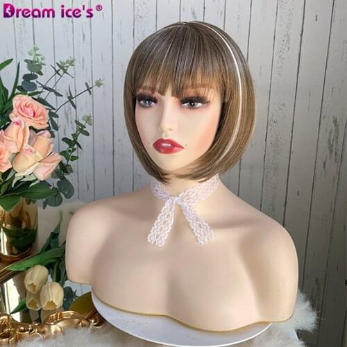 Short Women Straight Bob Hairstyle Wig With Bangs Heat Resistant Synthetic Hair for White Femail Brown Cosplay Natural Wigs