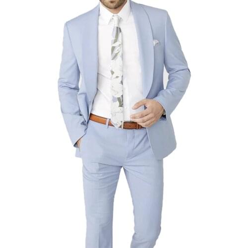 Summer Light Blue Costume Homme Men Suits Shawl Lapel Slim Fit Prom Tuxedo Wedding Groom Terno Masculino Blazer 2 Pc Jacket+Pant