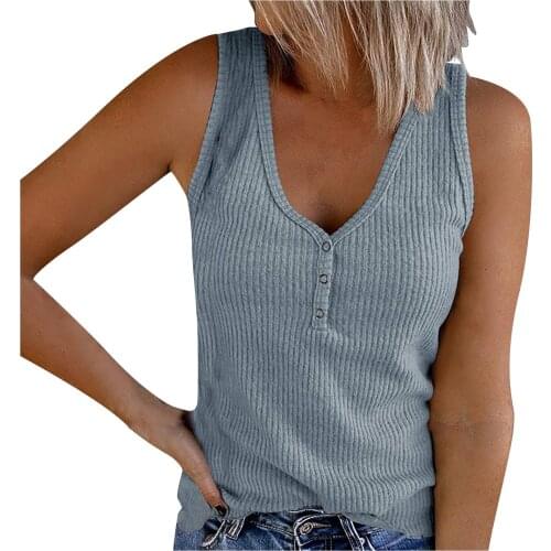 Women Tank Top Sleeveless Vest Knitted Camis V-neck Button Tank Top Casual Solid Basic Camisole For Female Plus Size Undershirt