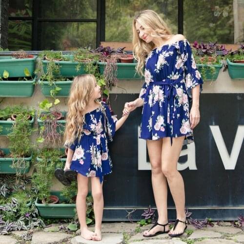 Mommy and Me Flower Print High Waist 3/4 Sleeve Short Dress with Belt Family Matching Off Shoulder Mini Dress