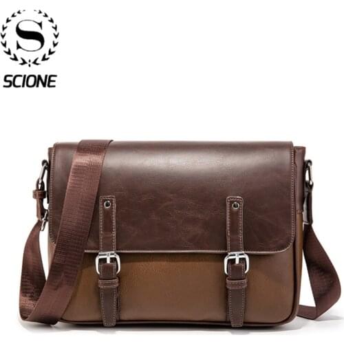 Scione Flap Shoulder Messenger Bag for Men Pu Leader Massenger Bag Work Business Schoolbag Waterproof Fashion Crazy Horse Bag