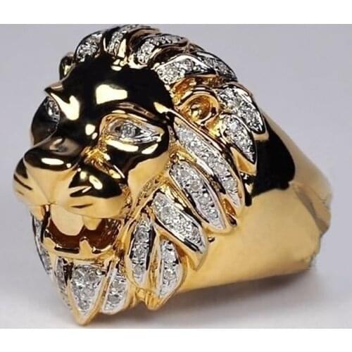 FDLK Punk Style Lion Head Personality Ring Mens Rose Gold Natural White Crystal Rings Wedding Engagement Band Jewelry Size 6-13
