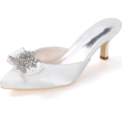 Middle Heels Satin Crystals Women Mules Pointed Toe Wedding Party Dress Heels Sandals