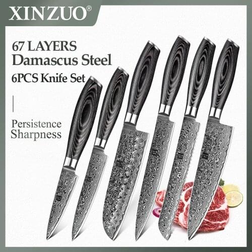 XINZUO 6 PCS Kitchen Knives Set 67 Layers High Carbon Japanese VG10 Damascus Steel Chef Santoku Utility Knife Pakkawood Handle