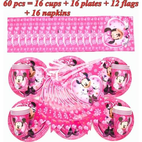 Disney Minnie Mouse Kids Girl Birthday Party Decorations Disposable Tableware Set Paper Cups Plates Flags Napkins Party Supplies