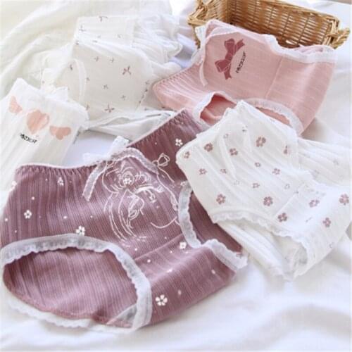 New 4Pcs/Lot Girl Panties Underwear Lace Briefs Cotton Lingerie Soft Comfortable Bowknot Cartoon Panty Wholesale SQ0750-4