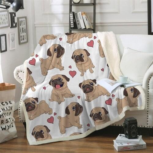 BEST.WENSD 3D Hippie Pug Sherpa Blanket on Bed Animal Cartoon Dog Plush Throw Blanket Bedspread Christmas Bulldog Sofa Cover 3D