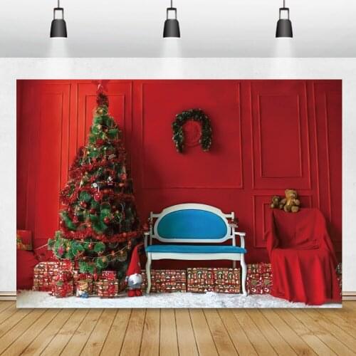 Christmas Tree Gifts Sofa Interior Red Wall Portrait Shoot Family Party Decor Photographic Backdrop Photography Background