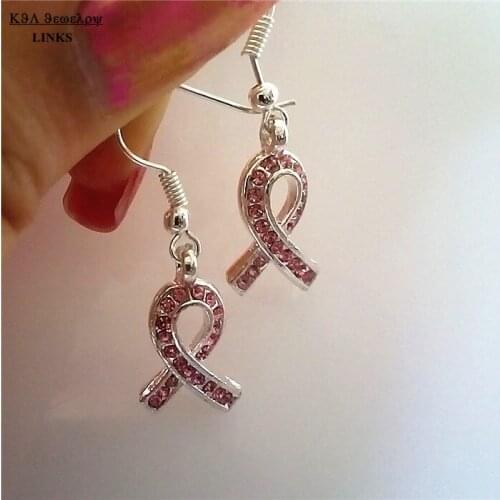 Pink rhinestone paved ribbon pendant earring breast cancer earring cross shape womens earring jewelry 2020