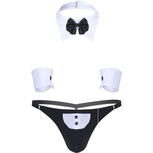 Sexy Waiter Maid Lingerie Men Exotic Costumes Jockstraps Bulge Pouch Sissy Bowknot Tuxedo Gay Sexy Briefs Underwear with Bow Tie