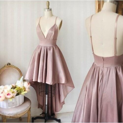 Vintage Hi-Lo V-Neck Satin Bridesmaid Dresses with Pockets Spaghetti Straps Dusty Rose Backless Robes de Soirée for Women