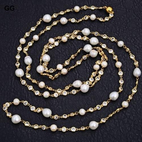 GuaiGuai Jewelry 69'' Natural White Round Pearl Keshi Pearl Crystal CZ Pave Gold Color Plated Chain Necklace