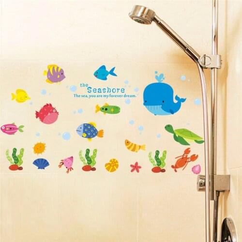 Funny Whale Turtle Fish Sealife Wall Stickers For Kids Room Bathroom Glass Decoration Under Sea Mural Art Diy Pvc Home Decals
