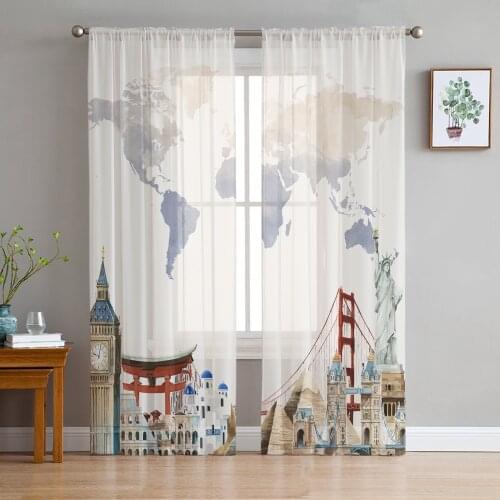 World Map Famous Buildings Window Curtains Bedroom Modern Drape Sheer Tulle Valances Living Room Kitchen Voile Curtain