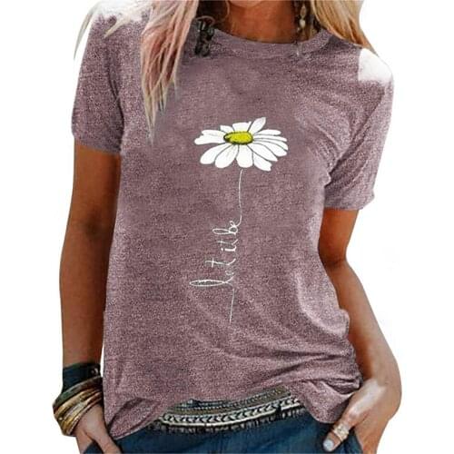 Women Casual O Neck Short Sleeve Letters Marguerite Print T-shirt Blouse Top