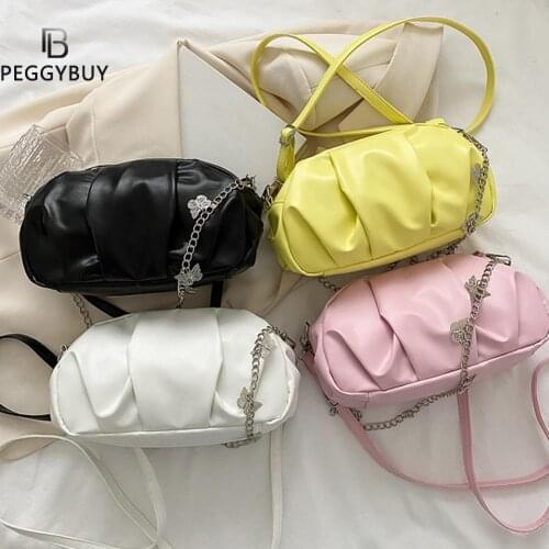 Retro Women Pleated Cloud PU Leather Shoulder Crossbody Messenger Bag Casual Ladies Solid Color Butterfly Chain Small Purse Hand
