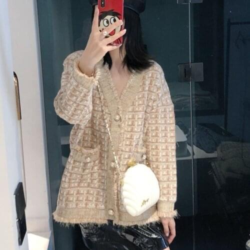 High Quality Plaid Women Shinny Tweed Jacket Coat Vintage Long Sleeve Frayed Trim Sweater Tassel Pocket Cardigan