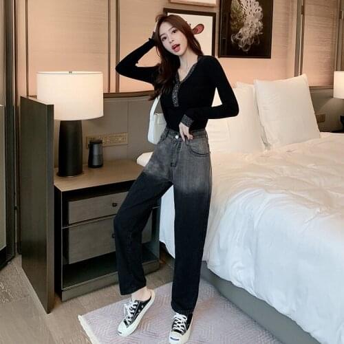 Gradient jeans womens straight loose loose 2021 early autumn new cropped trousers large size high waist all-match trousers