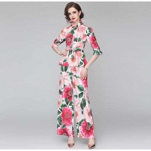 2021 Summer Elegant Vintage Rose Flower Print Two Piece Set Women Stand collar Ruffles Lace-Up Top＋Wide Leg Pants Suit