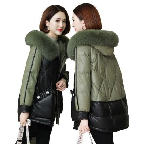 2020 Winter Faux Sheep Leather Padded Cotton Jacket Women Fox Fur Collar Hooded Coat Thick Warm Short PU Outwear Plus Size KW354