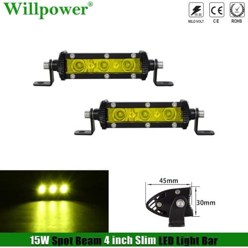 2x Offroad Car White Yellow Light 15W 4" Mini Light Bar Spotlights 4x4 Truck ATV UTV SUV Reverse Backup Fog Lamp Slim LED Bar