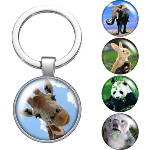 Animals giraffe panda rabbit glass cabochon keychain Bag Car key chain Ring Holder silver color keychains for Men Women Gifts