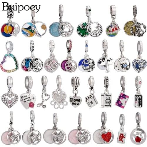 Buipoey 1pcs Silver Color Round Dangle Animal Charm Fit Bracelets Color Flying Unicorn Pendant Starry Sky Heart Bead Accessory