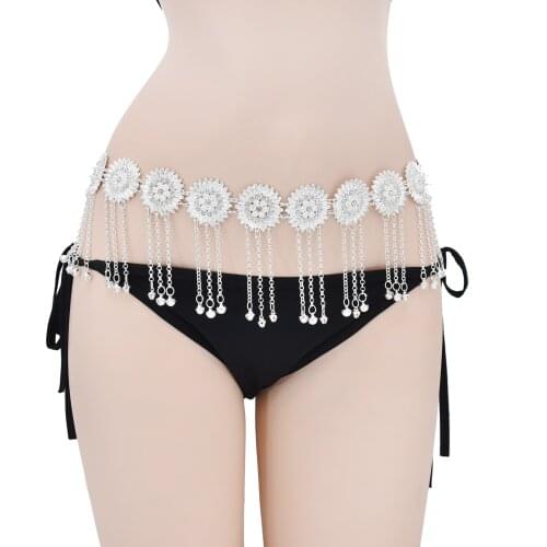Flower Crystal Belly Chains for Women Metal Vintage Silver Color Bells Tassel Dance Waist Chain Dress Belt Body Party Jewelry