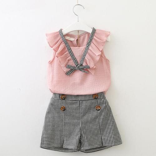 Summer Kids Baby Girl clothes cotton Sleeveless Tops Shirt+Plaids Shorts 2pcs Clothes Set