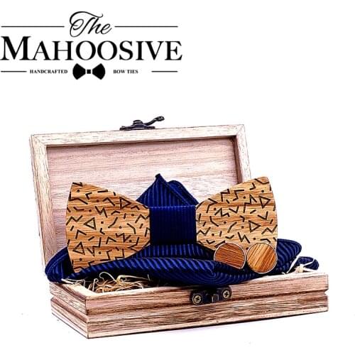 Mahoosive Wood Bow Tie Gentle men Wooden Bow Ties Set Gravatas Corbatas Butterfly Cravat For Men Wood Ties handkerchief cufflink