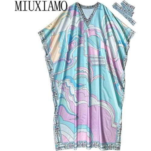 MIUXIMAO 2021 Bohemian Plus Size Dress o-neck Batwing Sleeve Maxi Dress Women Silk Floor Length Flower Print Kaftan Dress Belt