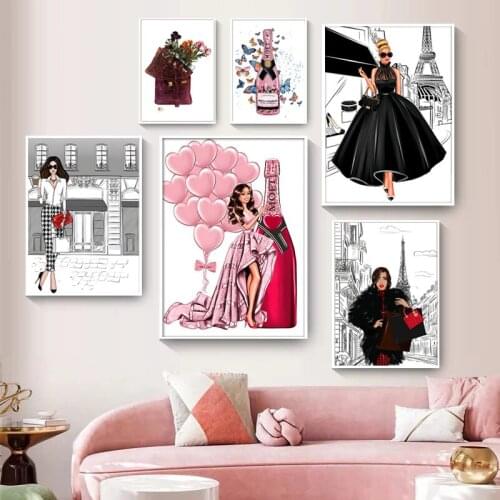 Nordic Fashion Womens Champagne Balloon Skirt Poster Art Canvas Painting Living Room Wall Home Decoration Painting