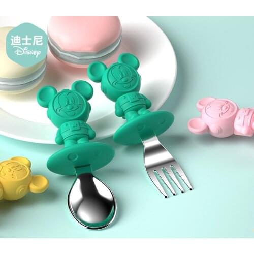 Disney New Baby Tableware Set Children Utensil Stainless Steel Toddler Dinnerware Cutlery Cartoon Infant Food Feeding Spoon Fork