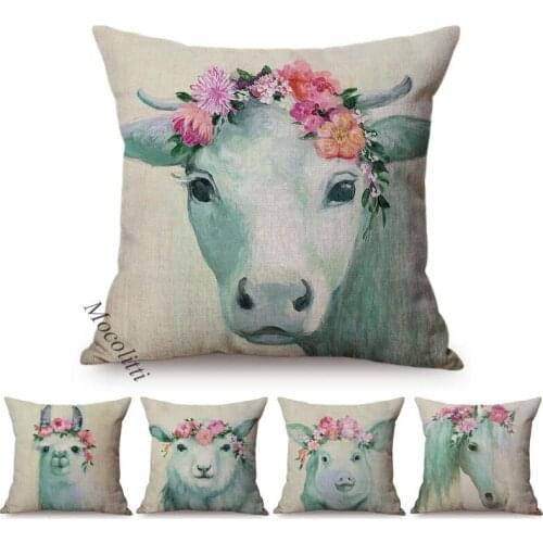 Animal Throw Pillow Case Flowers Water Color Decoration Square Cushion Cover Cattle Horse Alpaca Linen Bed Sofa Cushions Cover
