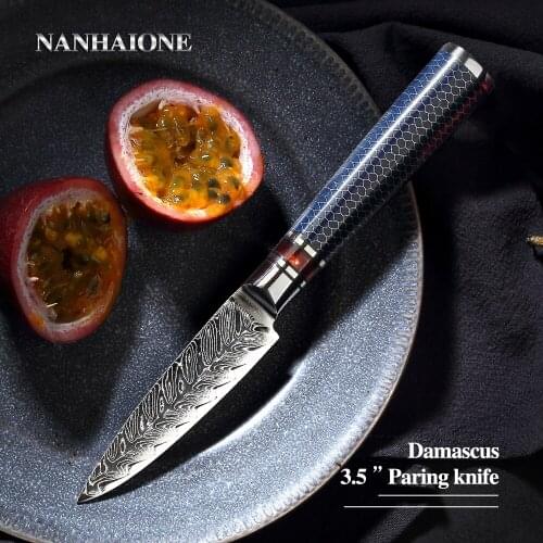 NANHAIONE 3.5" Paring Knife 67 Layers Japan Damascus Steel Peeling Fruit Super Sharp Pakka Resin Honeycomb Handle