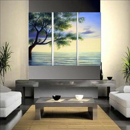 Handpainted 3pcs Modern Landscape Oil Painting On Canvas Wall Art Seascape Tree Picture For Living Room As Unique Gift
