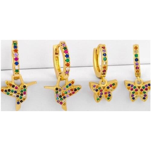 Bird butterfly multicolor Brass micro pave cz zircon cubic zirconia drop Hoop Earrings studs copper gold plated crystal tdf23