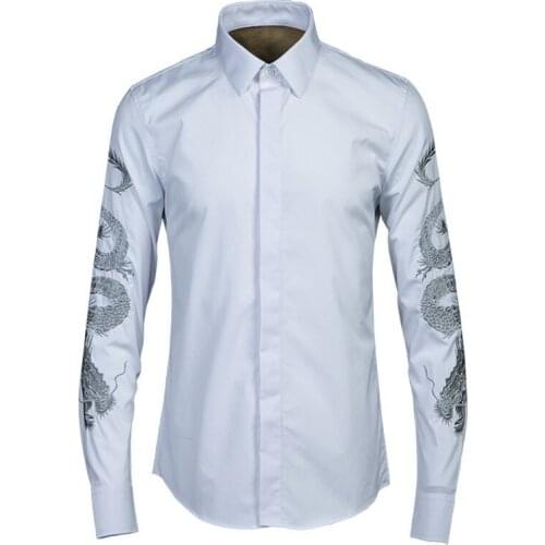 Brand Men Slim Fit Wedding Dress Shirts Dragon Embroidery Formal Business Man Office Work Long Sleeved Spring Tops Large Size