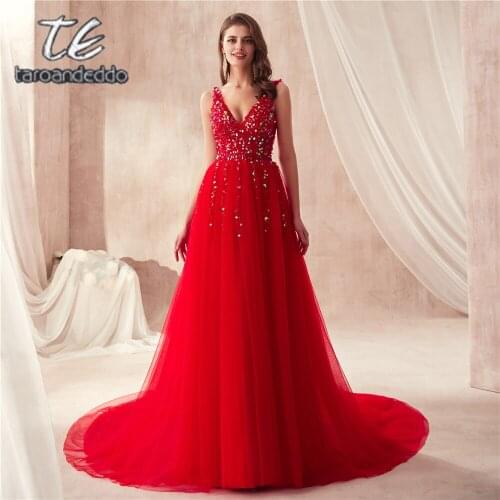 2021 A-line Sequins Beading Prom Dresses V neck Sleeveless Evening Gown A-line Red Tulle Open Back Prom Gowns