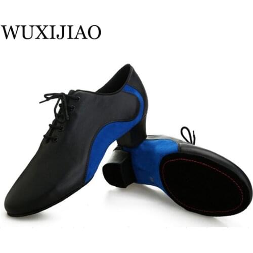 WUXIJIAO Mens Latin dance shoes Genuine leather Ballroom dancing shoes Low heel 2.2cm big size Party Square dance shoes