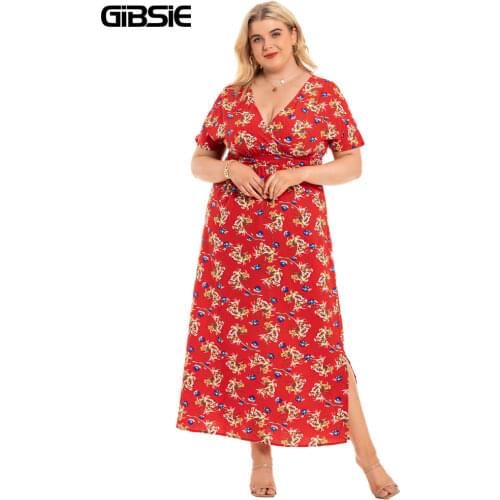 GIBSIE Surplice Neck Belted Print Split Long Maxi Dress Women Summer Short Sleeve Beach Dresses Plus Size 5xl Holiday Dress 2021