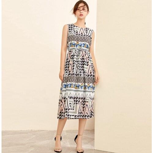 100% Silk Dress Women Printed O Neck Sleeveless Grade Fabric Loose Long Straight Dress New Fashion